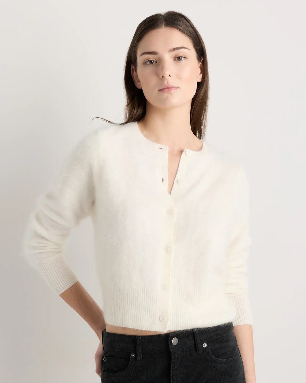 NWT Quince Ivory Brushed Cashmere Cropped Crewneck Cardigan White M 8 10 $130